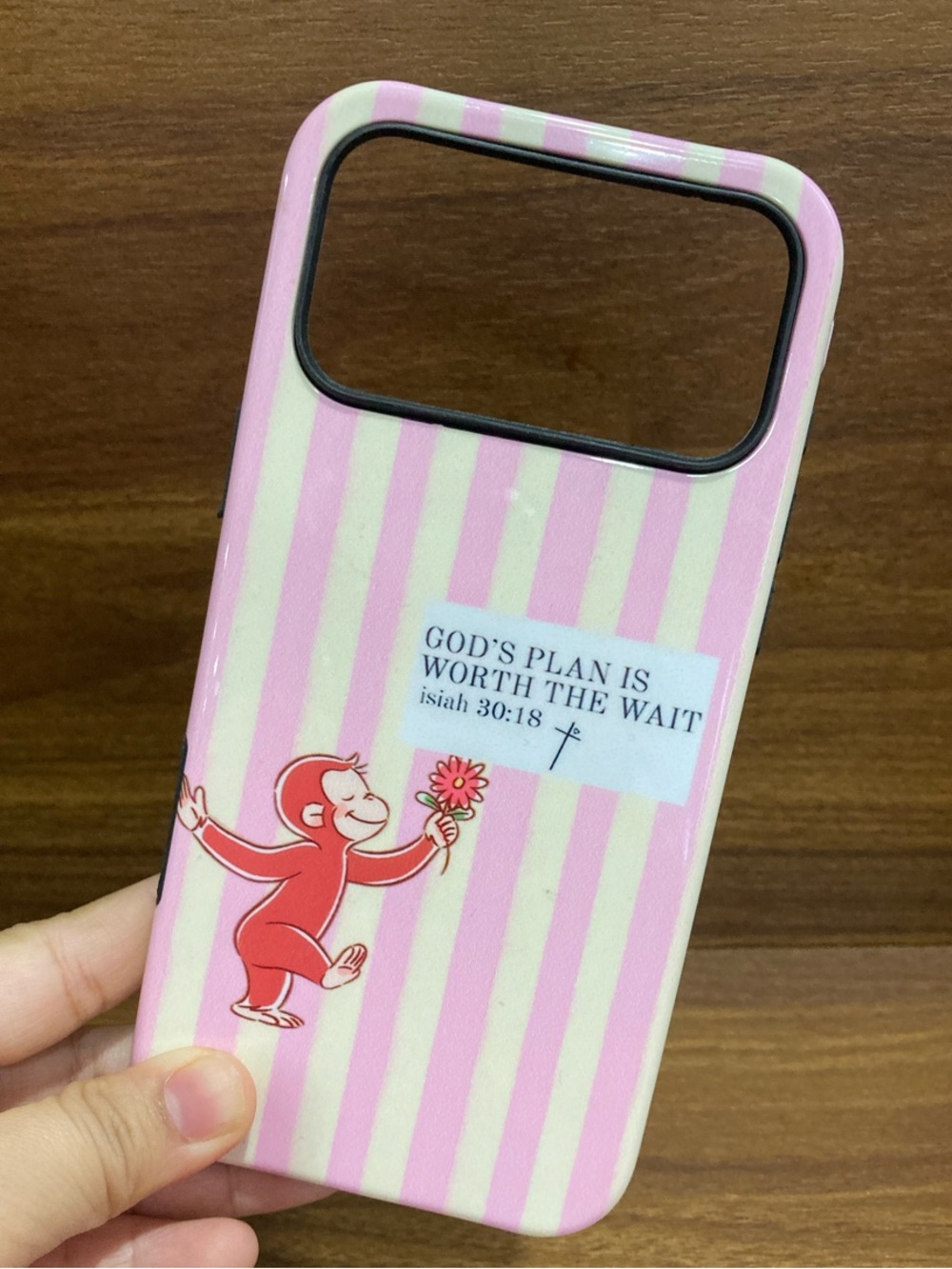 Pink Striped Phone Case with Floral Quote and Monkey Graphic